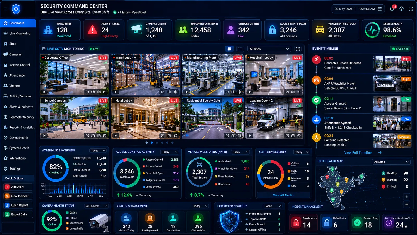 Command center dashboard showing camera feeds, live alerts, attendance, and access logs