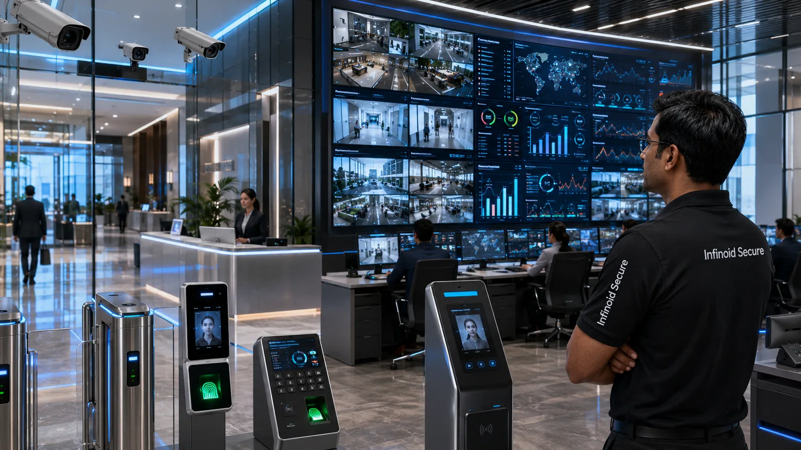 Infinoid Secure security installation — live camera monitoring and control room